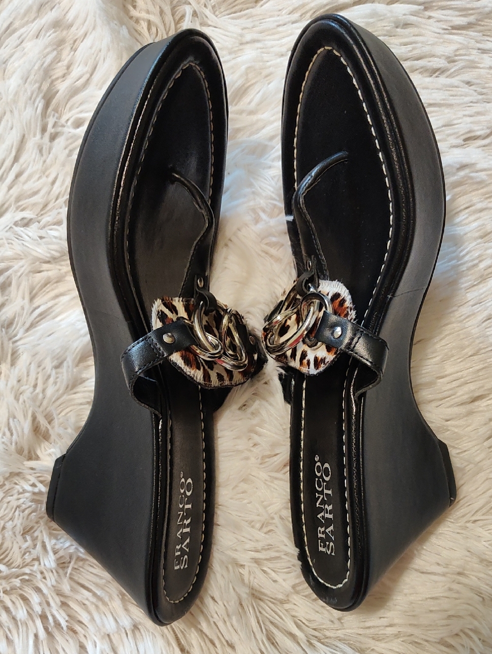 Franco Sarto Leather Wedge Sandals Calf Hair Leopard Black Cream Brown Brazil 8 - Picture 5 of 12